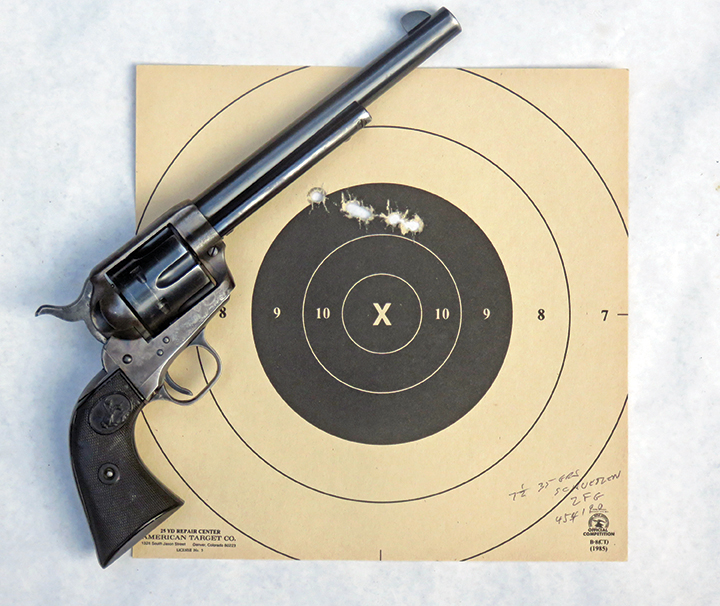 The 7½-inch barreled Colt did very well with 35 grains of Schuetzen 2Fg with the 260-grain bullet.